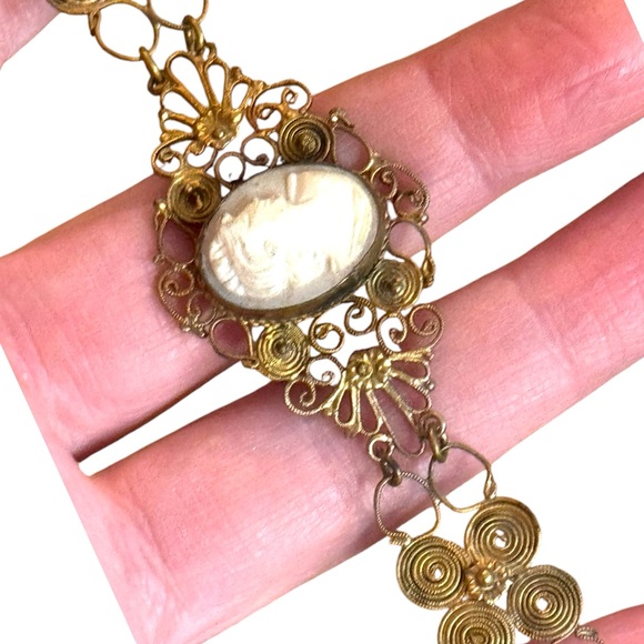 Antique Cantile filagree Blue  paste galss carved Cameo Bracelet art deco - Picture 7 of 8